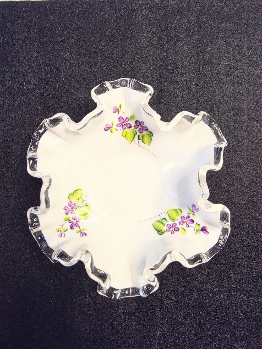 Fenton White Glass Bowl with Purple Floral Accents and Clear Ruffled Rim